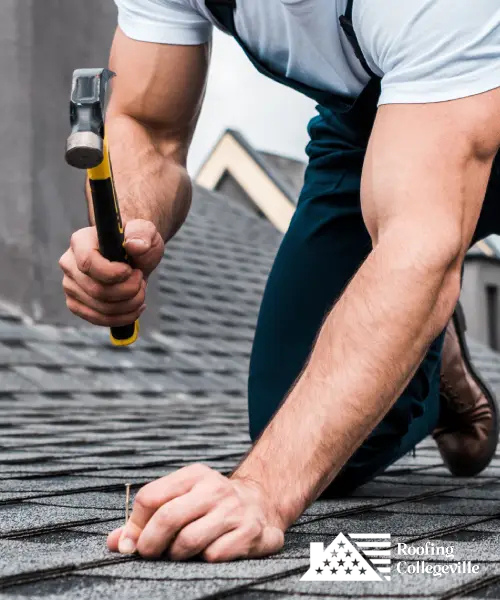 Roofer repairing shingles on a residential roof for reliable protection.