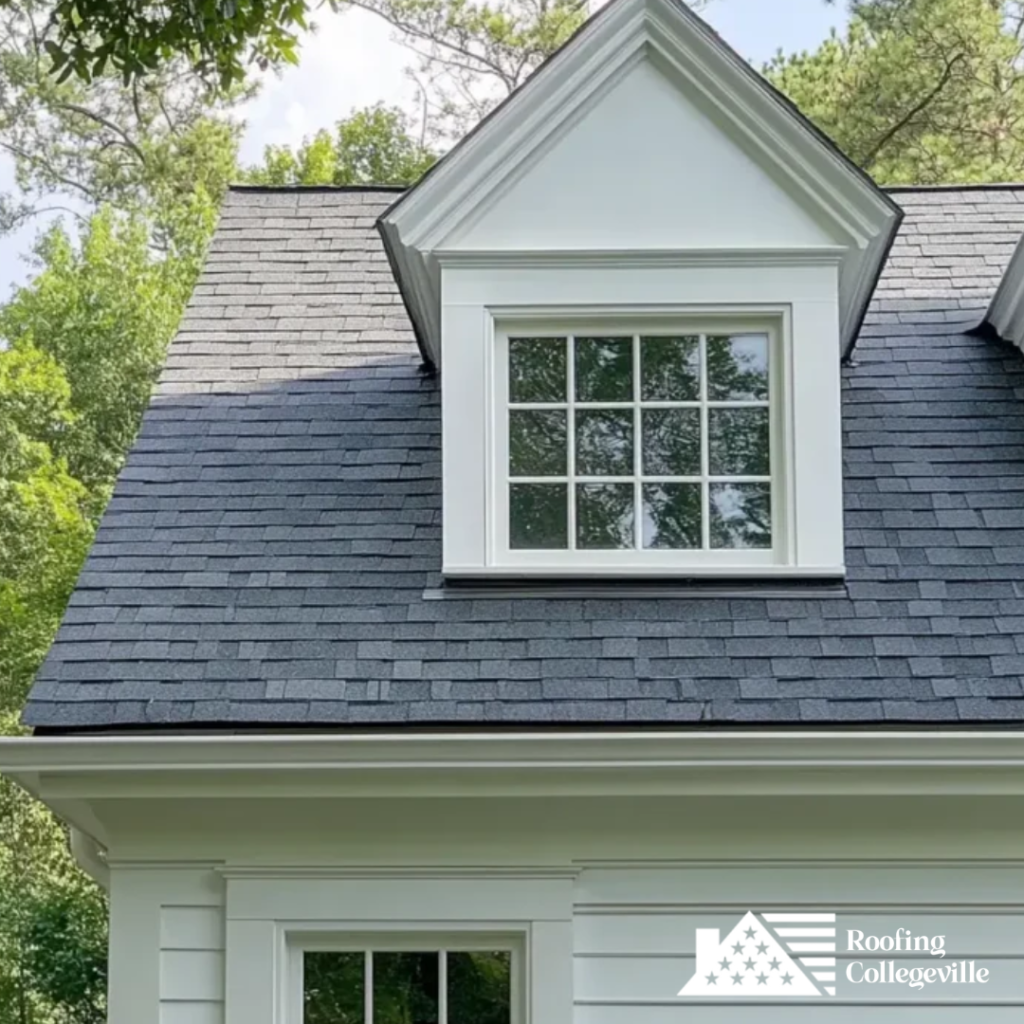 Home with a newly installed black shingle roof and dormer window for improved curb appeal.