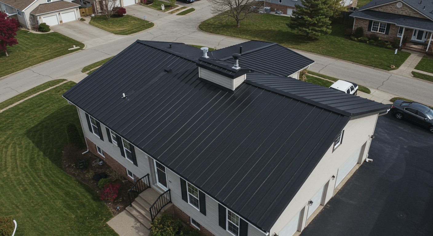 A top view of a black standing seam metal roof on a home in Collegeville, PA, showcasing its sleek design and durability in a residential neighborhood.