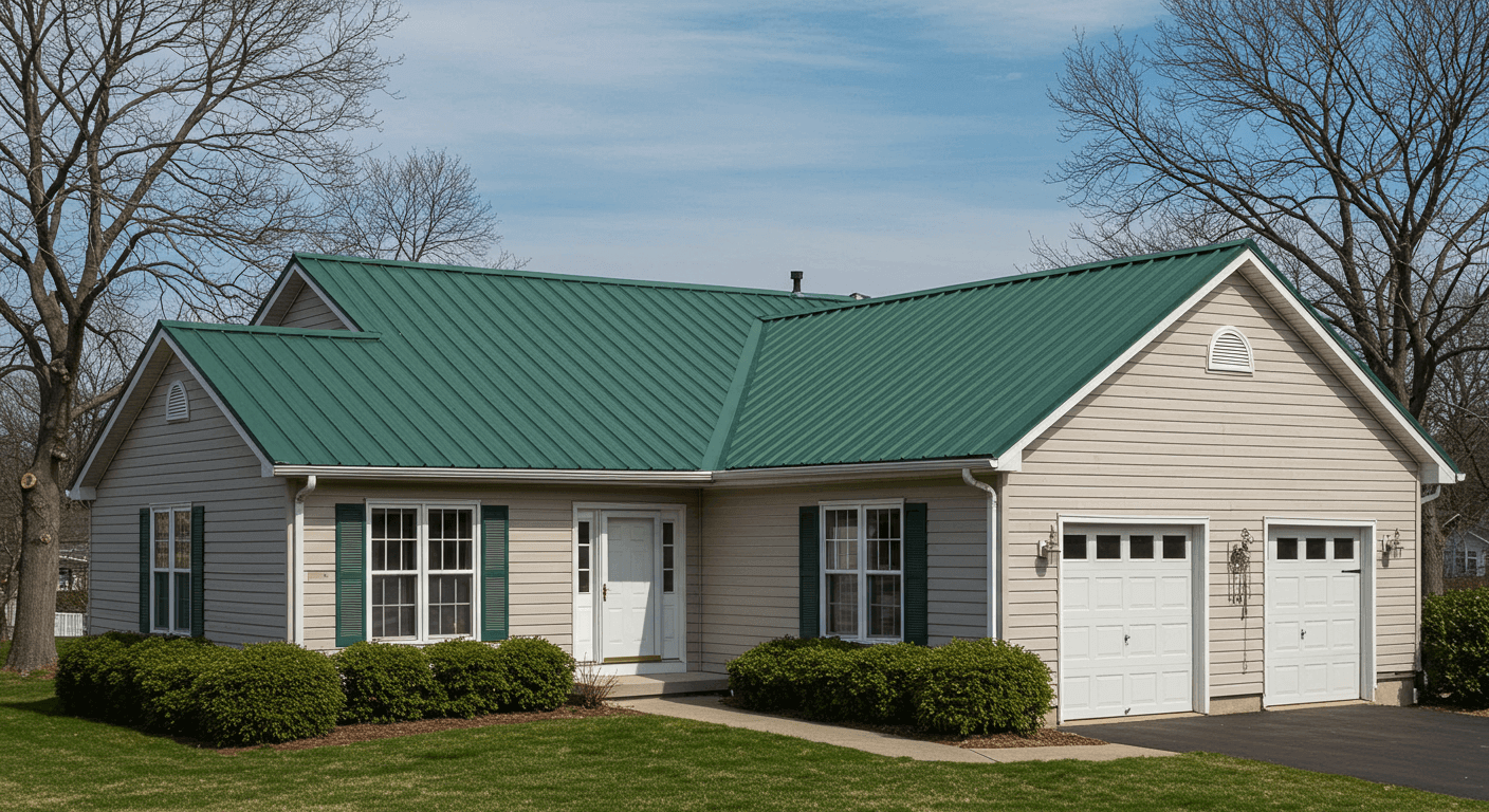 Residential home in Collegeville, PA with a forest green metal roof, blending seamlessly with the exterior and surrounding greenery.