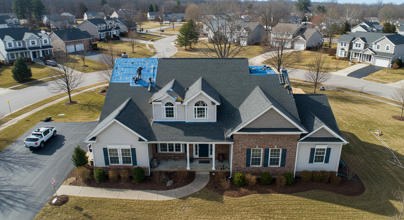 A new roof installation being carried out on a suburban home in Collegeville, showing roofing contractors at work under clear skies.