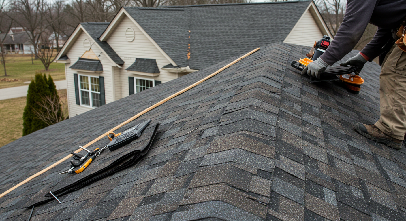 A roofing contractor installing shingles on a home in Collegeville with attention to detail and safety gear